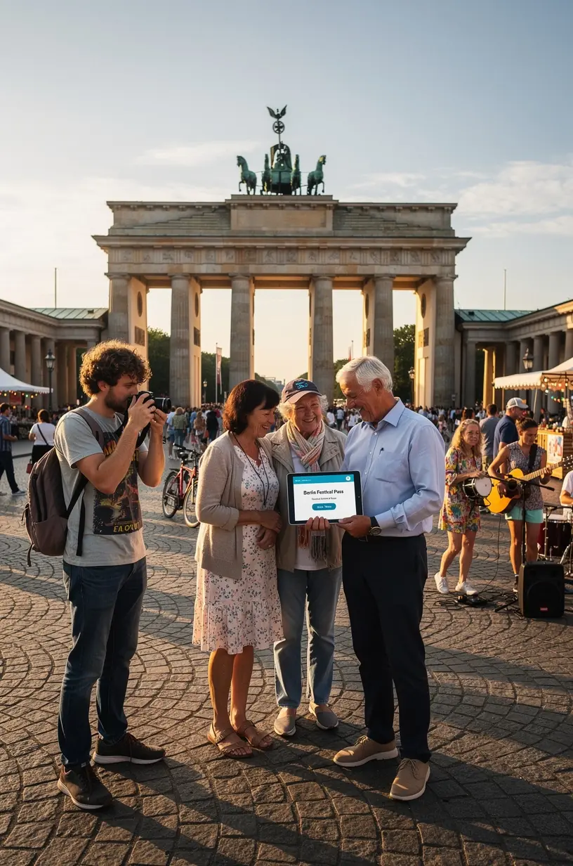 Agenturmitarbeiter erklären dem Kunden die Vorteile eines Komplettpakets für Festivaltickets, Unterkunft und Transport.